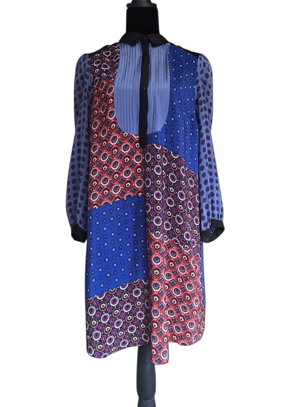 Moulinette Soeurs Anthropologie Multi/Blue Patchwork Lined Silk Shirt Dress
